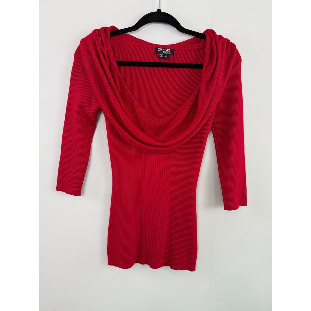 Y2K OXOXO Collectors Tunic Sweater Red M Ribbed Draped Cowl Neck 3/4 Sleeve